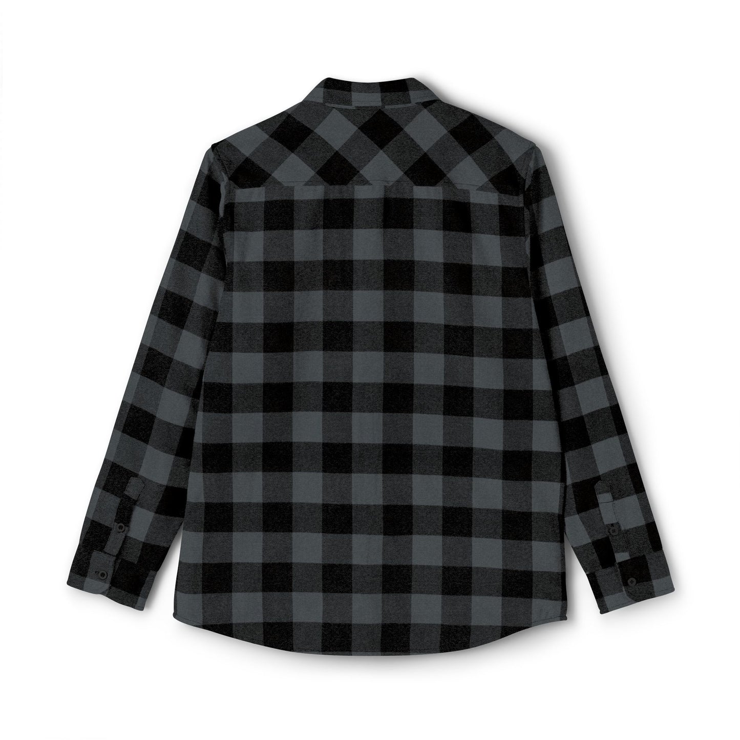 Black and grey FIGWORKS flannel shirt with small embroidered red emblem on the left pocket.”