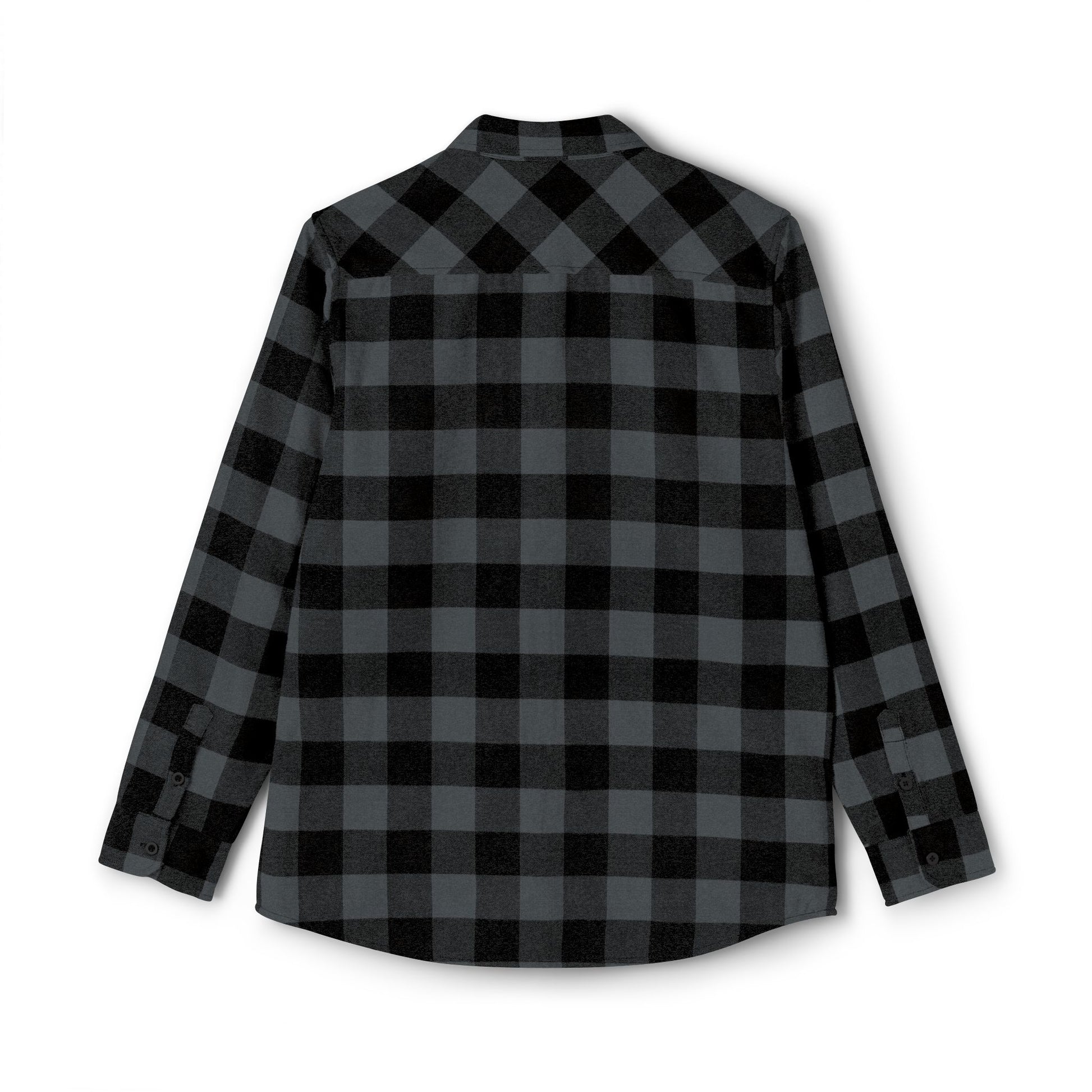 Black and grey FIGWORKS flannel shirt with small embroidered red emblem on the left pocket.”