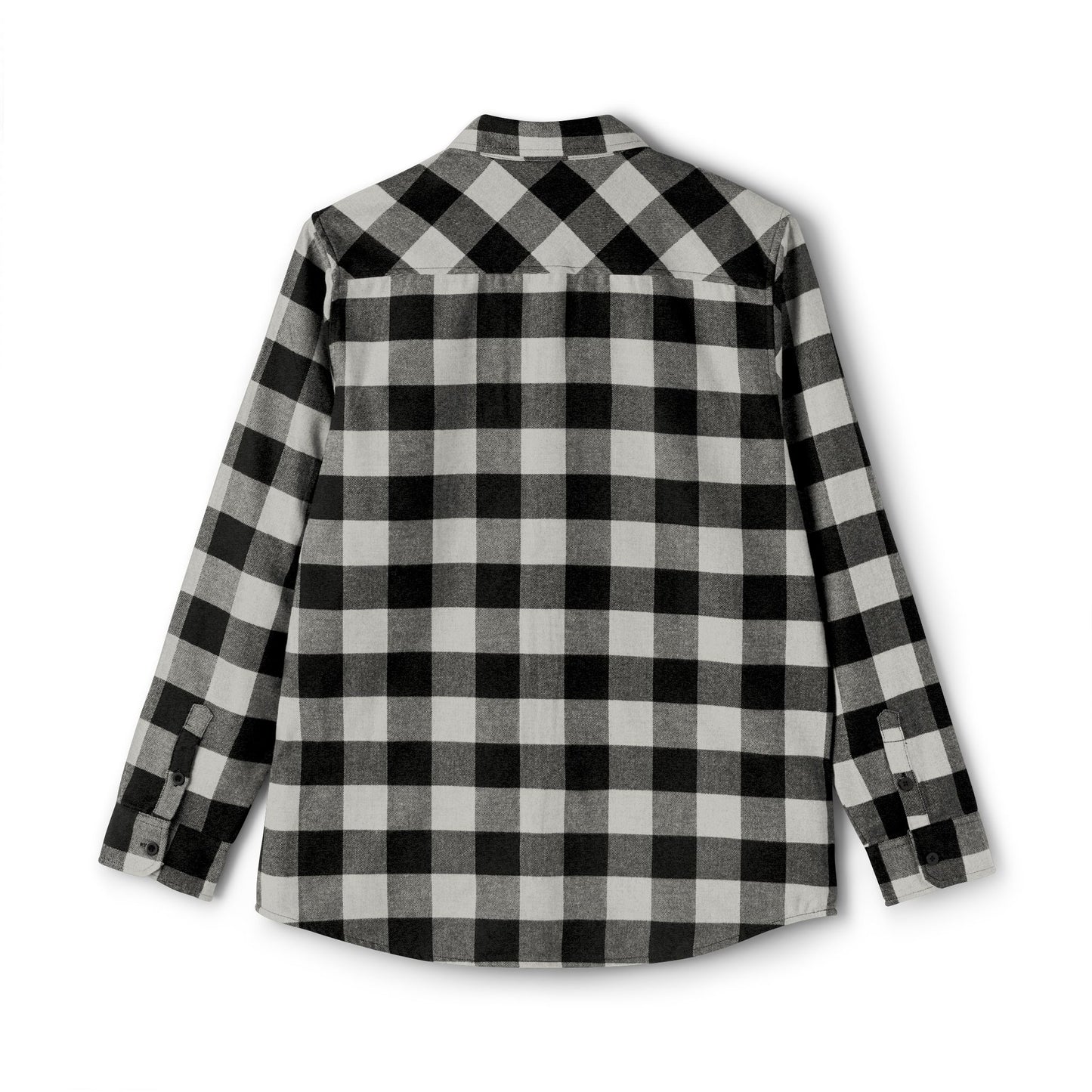 Black and grey FIGWORKS flannel shirt with small embroidered red emblem on the left pocket.”