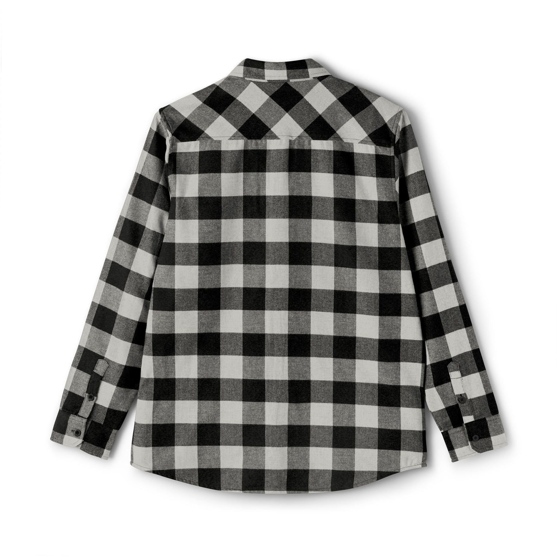 Black and grey FIGWORKS flannel shirt with small embroidered red emblem on the left pocket.”