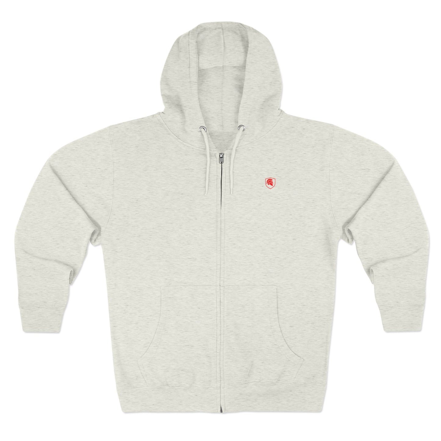 FIGWORKS Zip Hoodie in Oatmeal Heather with red emblem
