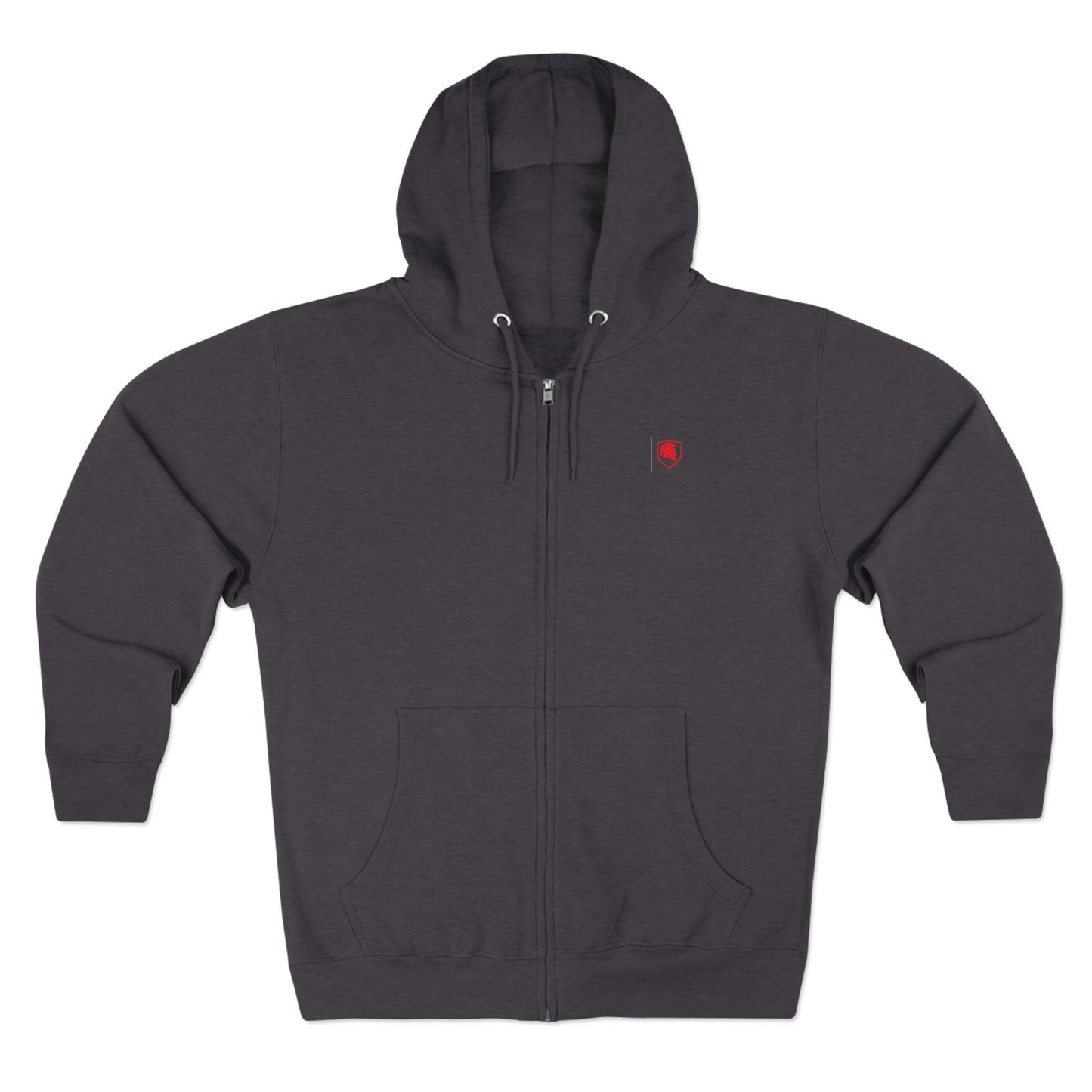 FIGWORKS Zip Hoodie in Charcoal Heather with red emblem
