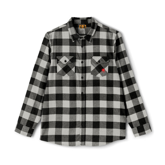 Black and grey FIGWORKS flannel shirt with small embroidered red emblem on the left pocket.”