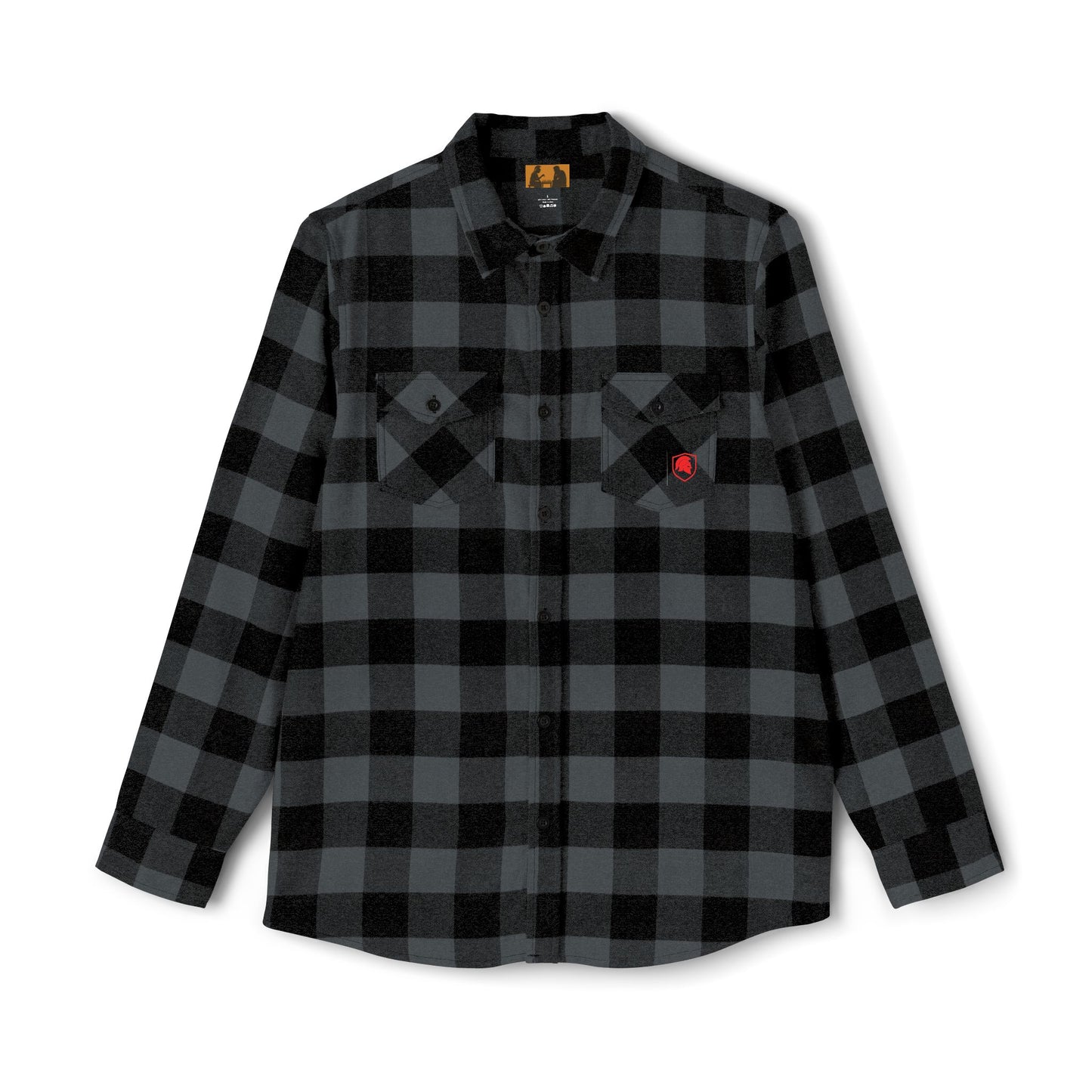 Black and grey FIGWORKS flannel shirt with small embroidered red emblem on the left pocket.”
